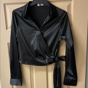 Pink Lily Black Satin Wrap Blouse with Side Tie